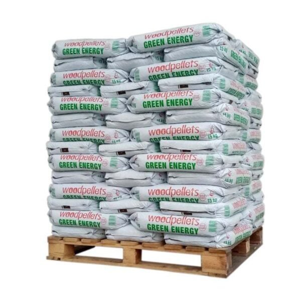 Palé de pellets Green Energy con 65 sacos de 15 kg